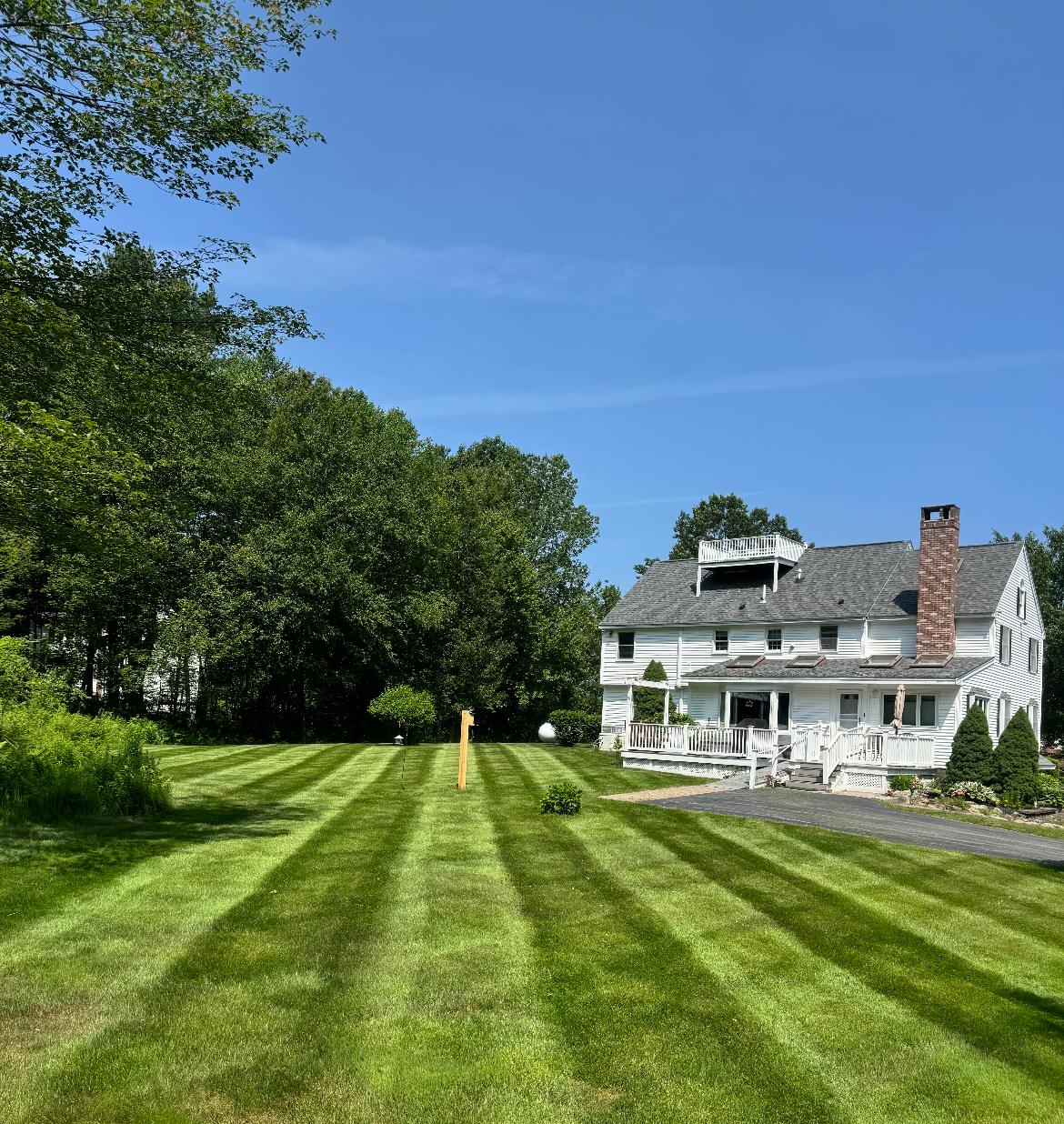 Striped customer lawn in front of white colonial home
