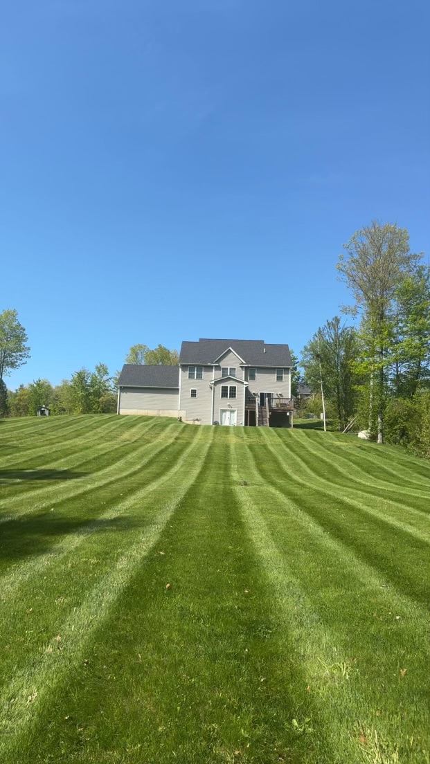 Striped backyard lawn behind a gray colonial home